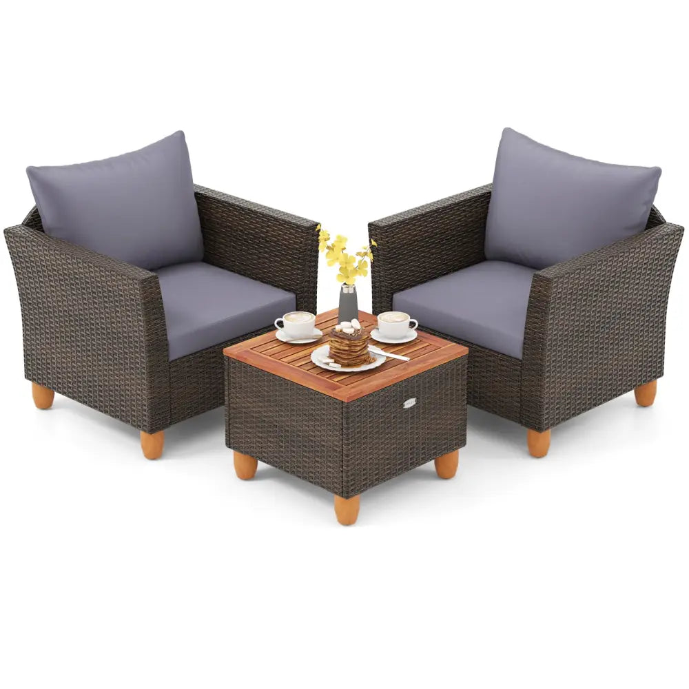 3 Pieces Patio Rattan Bistro Furniture Set with Wooden Table Top-Gray - Gray - Patio Conversation Sets