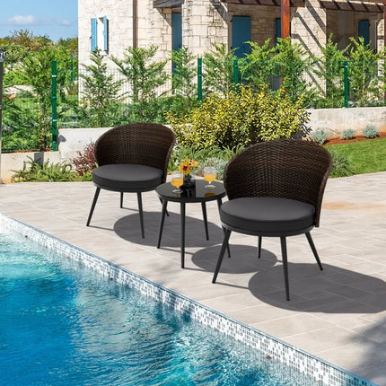 3 Pieces Patio Rattan Bistro Set with 2 Seat Cushions and Tempered Glass Tabletop-Brown - Brown - Patio Conversation
