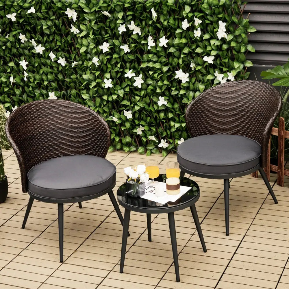 3 Pieces Patio Rattan Bistro Set with 2 Seat Cushions and Tempered Glass Tabletop-Brown - Brown - Patio Conversation