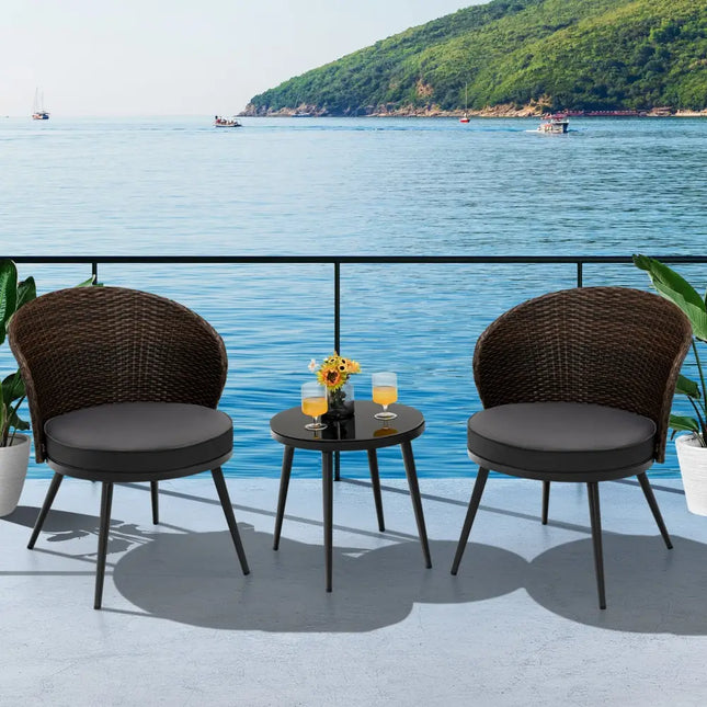 3 Pieces Patio Rattan Bistro Set with 2 Seat Cushions and Tempered Glass Tabletop-Brown - Brown - Patio Conversation