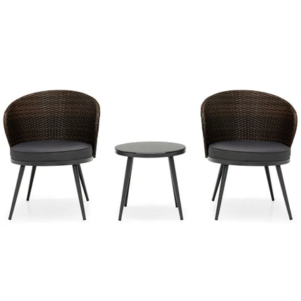 3 Pieces Patio Rattan Bistro Set with 2 Seat Cushions and Tempered Glass Tabletop-Brown - Brown - Patio Conversation