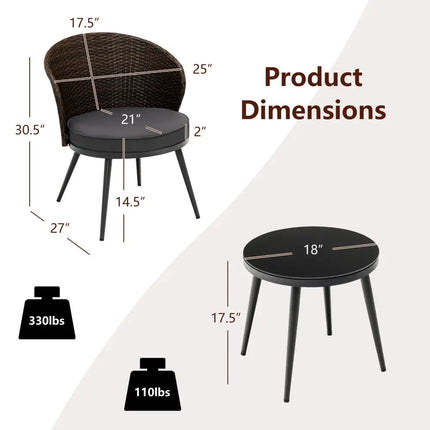 3 Pieces Patio Rattan Bistro Set with 2 Seat Cushions and Tempered Glass Tabletop-Brown - Brown - Patio Conversation