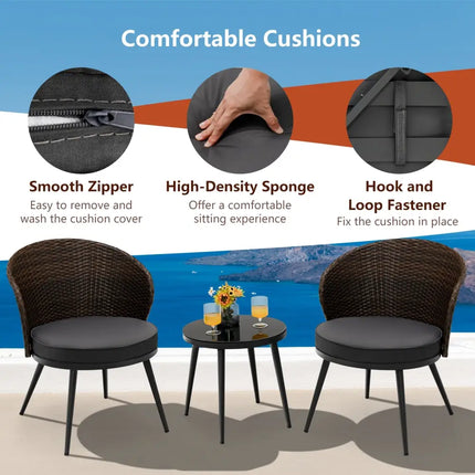 3 Pieces Patio Rattan Bistro Set with 2 Seat Cushions and Tempered Glass Tabletop-Brown - Brown - Patio Conversation