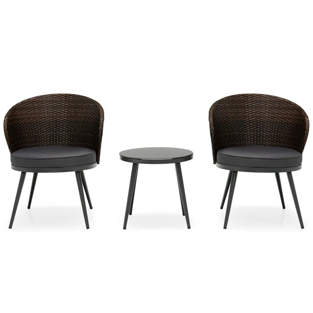 3 Pieces Patio Rattan Bistro Set with 2 Seat Cushions and Tempered Glass Tabletop-Brown - Brown - Patio Conversation