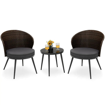 3 Pieces Patio Rattan Bistro Set with 2 Seat Cushions and Tempered Glass Tabletop-Brown - Brown - Patio Conversation