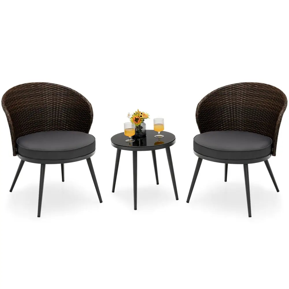 3 Pieces Patio Rattan Bistro Set with 2 Seat Cushions and Tempered Glass Tabletop-Brown - Brown - Patio Conversation