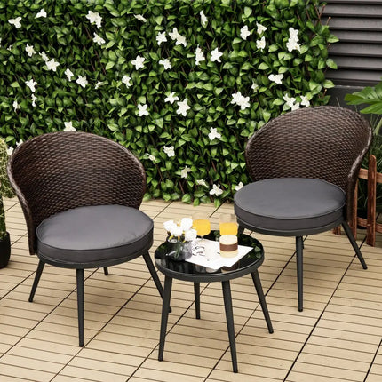 3 Pieces Patio Rattan Bistro Set with 2 Seat Cushions and Tempered Glass Tabletop-Brown - Brown - Patio Conversation