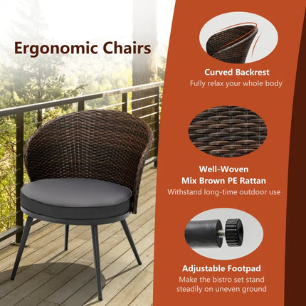 3 Pieces Patio Rattan Bistro Set with 2 Seat Cushions and Tempered Glass Tabletop-Brown - Brown - Patio Conversation