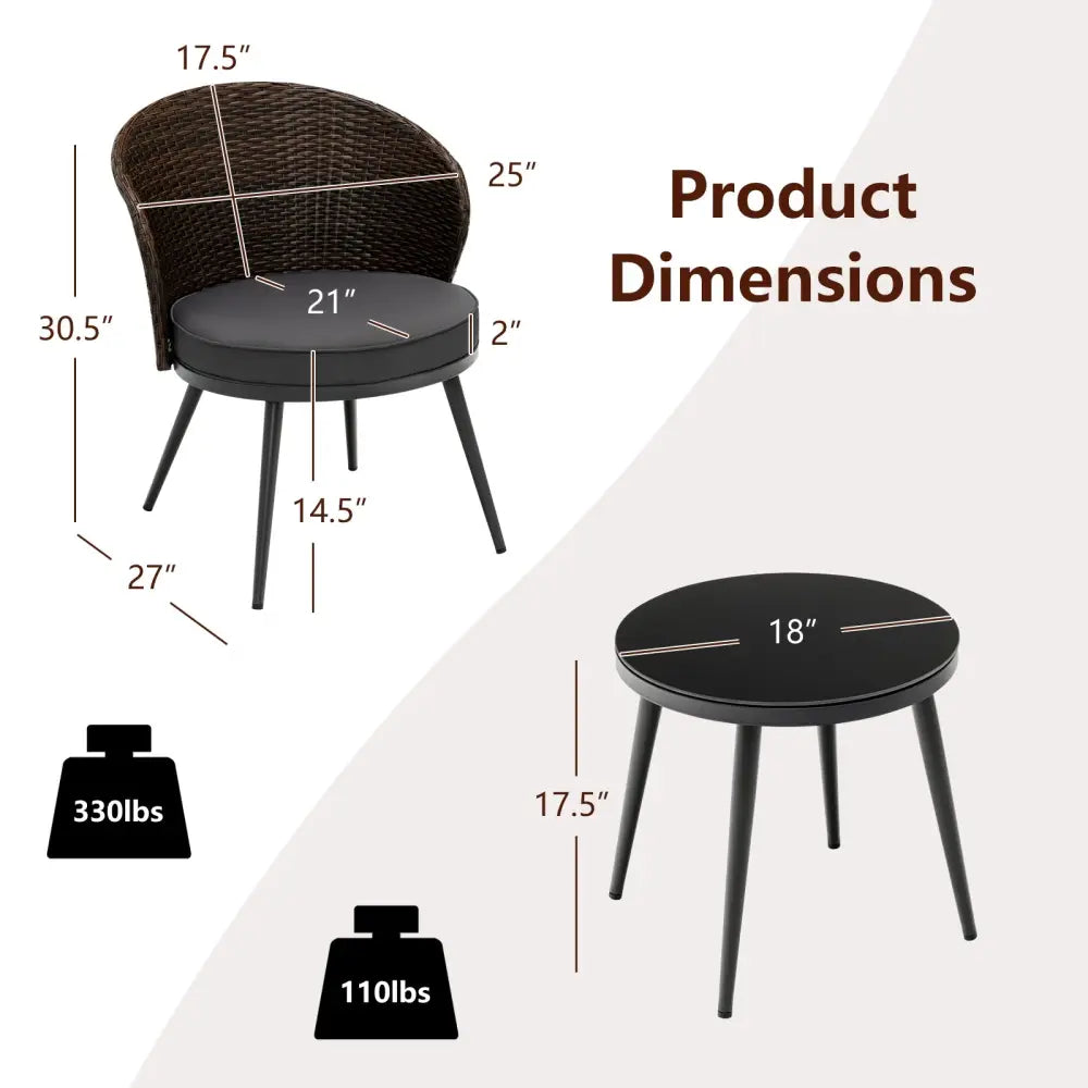 3 Pieces Patio Rattan Bistro Set with 2 Seat Cushions and Tempered Glass Tabletop-Brown - Brown - Patio Conversation