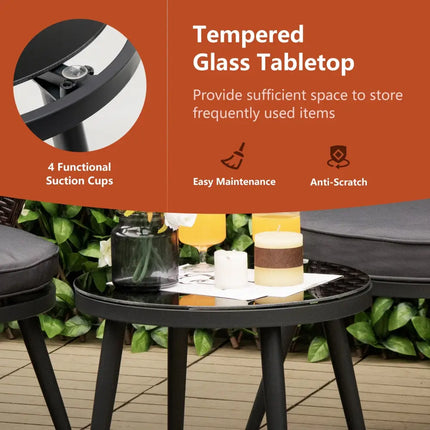 3 Pieces Patio Rattan Bistro Set with 2 Seat Cushions and Tempered Glass Tabletop-Brown - Brown - Patio Conversation
