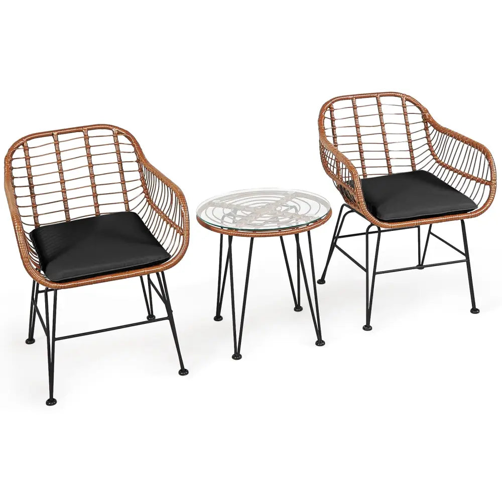 3 Pieces Patio Rattan Bistro Set with Cushion-Black - Black - Patio Furniture Sets