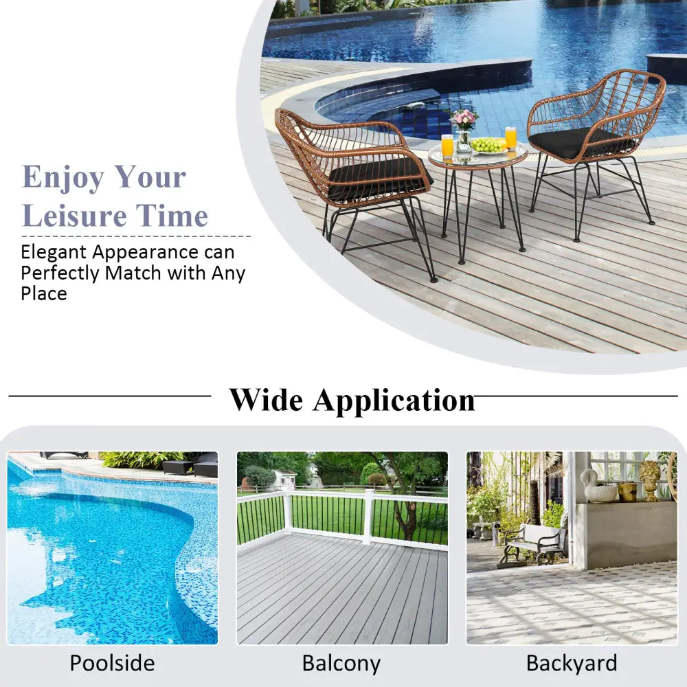 3 Pieces Patio Rattan Bistro Set with Cushion-Black - Black - Patio Furniture Sets