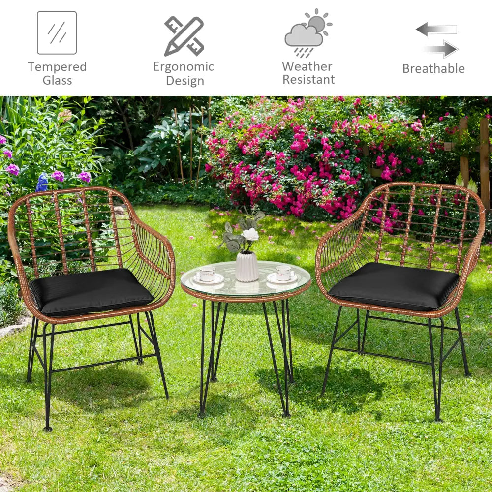 3 Pieces Patio Rattan Bistro Set with Cushion-Black - Black - Patio Furniture Sets