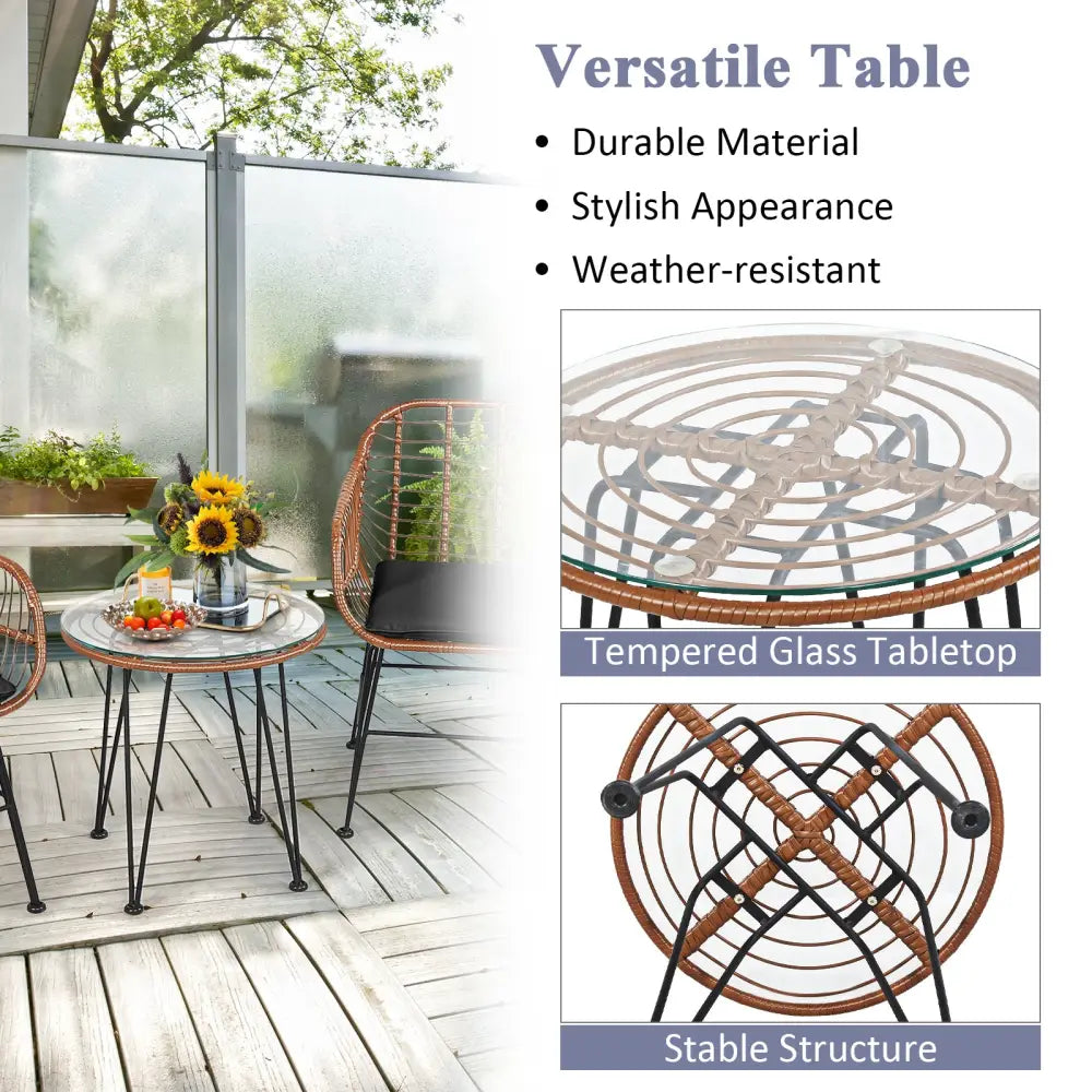 3 Pieces Patio Rattan Bistro Set with Cushion-Black - Black - Patio Furniture Sets