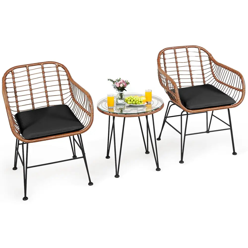3 Pieces Patio Rattan Bistro Set with Cushion-Black - Black - Patio Furniture Sets