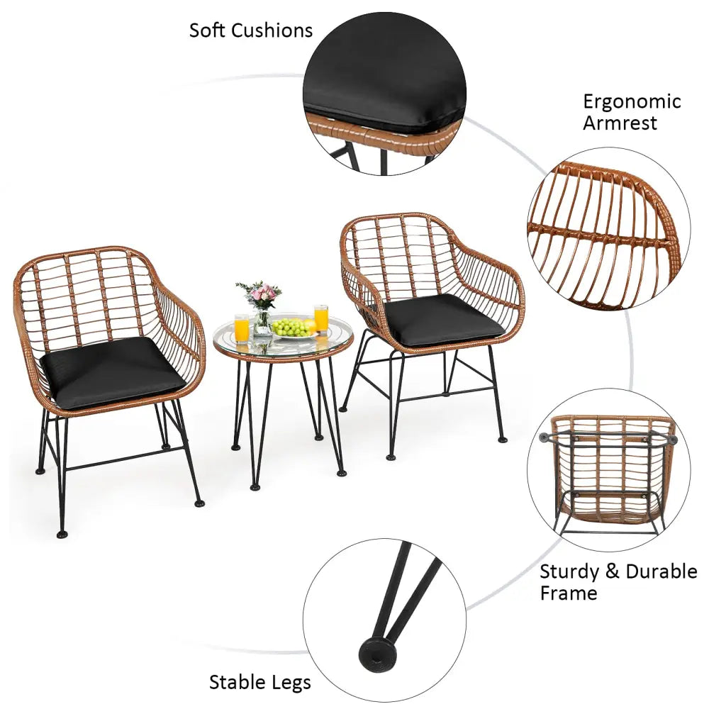 3 Pieces Patio Rattan Bistro Set with Cushion-Black - Black - Patio Furniture Sets