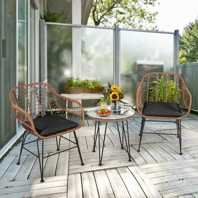 3 Pieces Patio Rattan Bistro Set with Cushion-Black - Black - Patio Furniture Sets