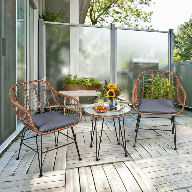3 Pieces Patio Rattan Bistro Set with Cushion-Gray - Gray - Patio Furniture Sets