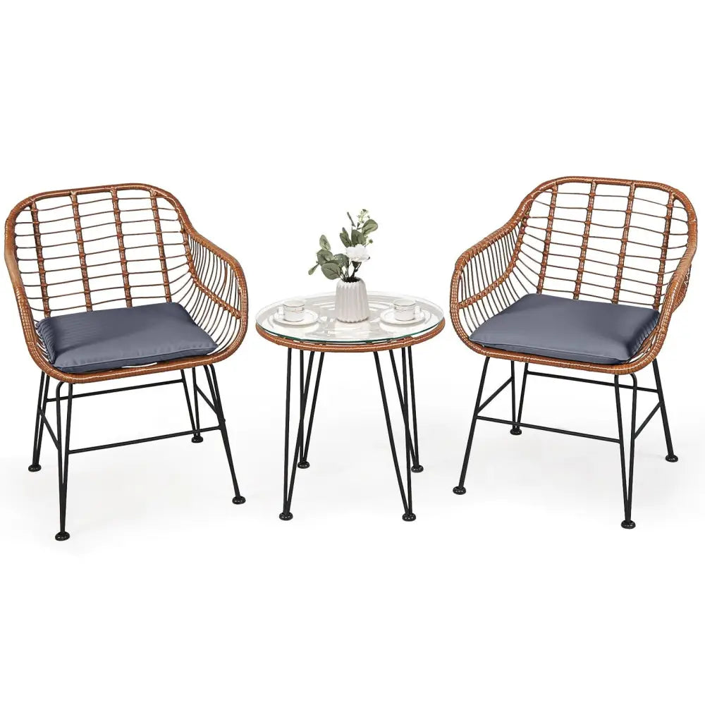 3 Pieces Patio Rattan Bistro Set with Cushion-Gray - Gray - Patio Furniture Sets