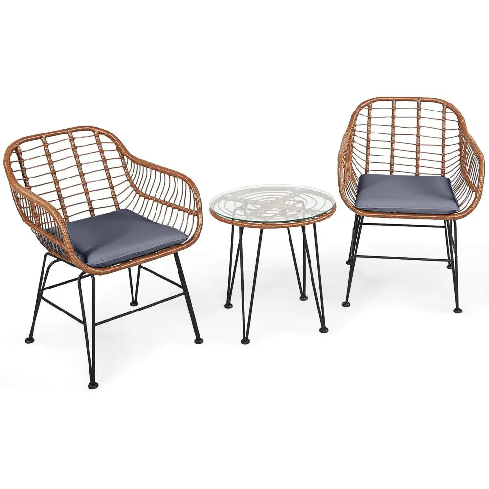 3 Pieces Patio Rattan Bistro Set with Cushion-Gray - Gray - Patio Furniture Sets