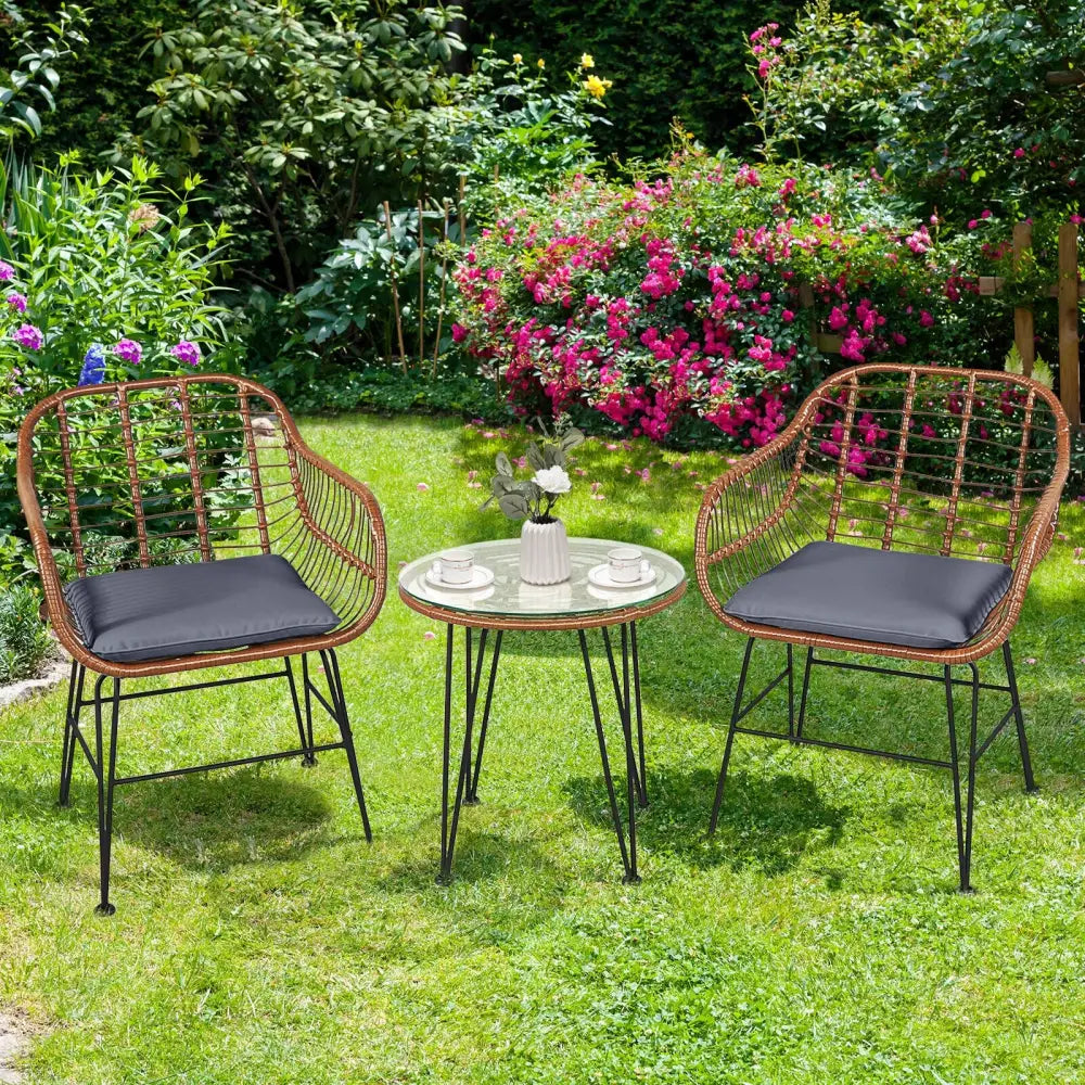 3 Pieces Patio Rattan Bistro Set with Cushion-Gray - Gray - Patio Furniture Sets