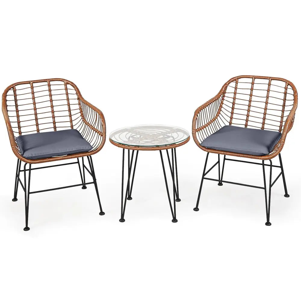 3 Pieces Patio Rattan Bistro Set with Cushion-Gray - Gray - Patio Furniture Sets