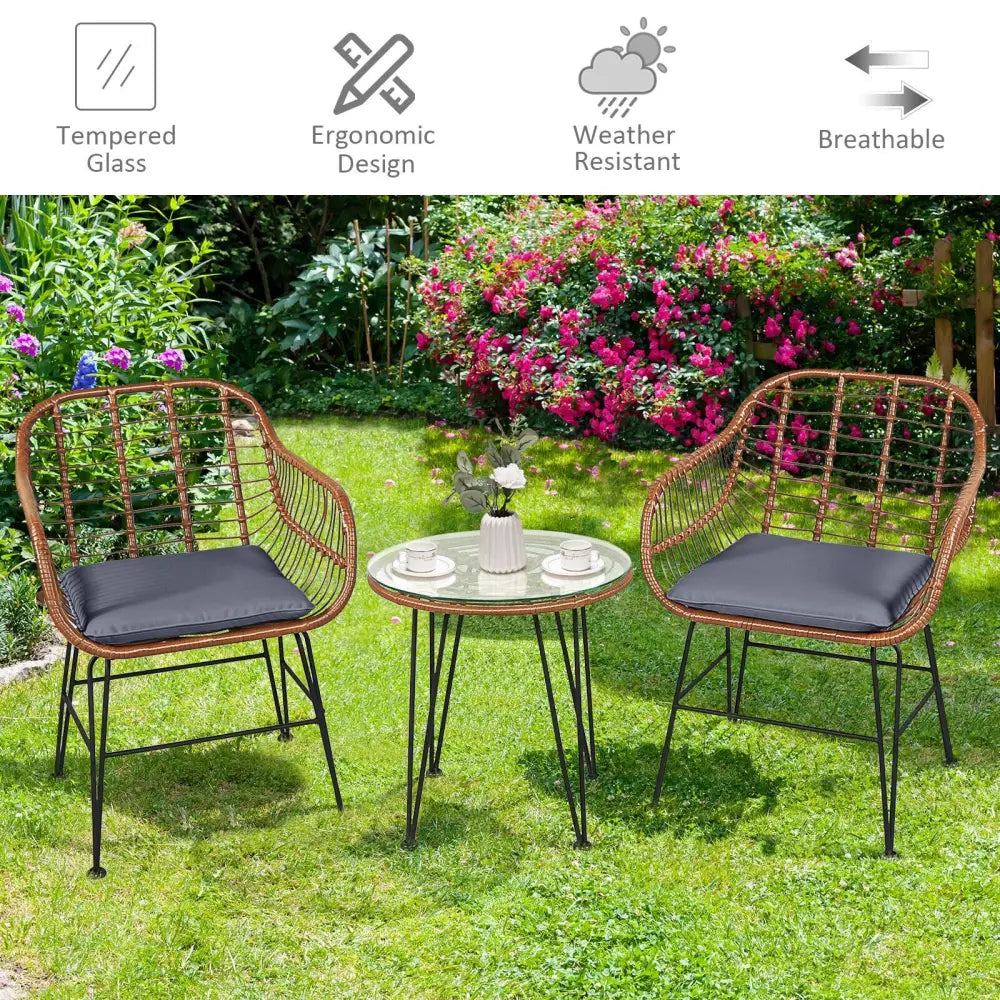 3 Pieces Patio Rattan Bistro Set with Cushion-Gray - Gray - Patio Furniture Sets
