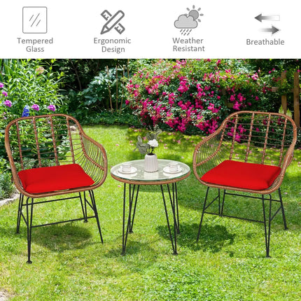 3 Pieces Patio Rattan Bistro Set with Cushion-Red - Red - Patio Furniture Sets