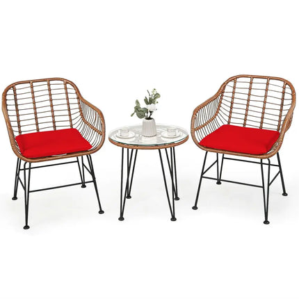 3 Pieces Patio Rattan Bistro Set with Cushion-Red - Red - Patio Furniture Sets