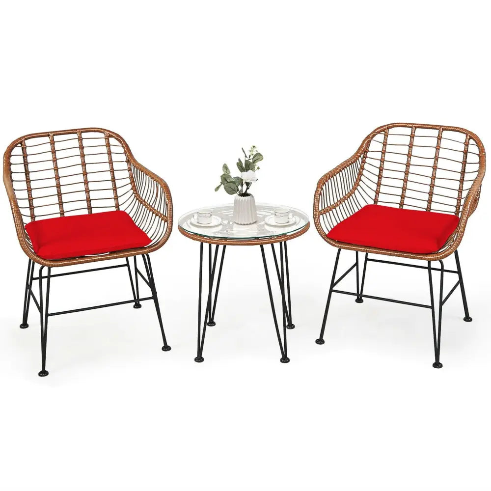 3 Pieces Patio Rattan Bistro Set with Cushion-Red - Red - Patio Furniture Sets