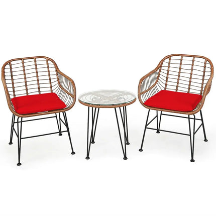3 Pieces Patio Rattan Bistro Set with Cushion-Red - Red - Patio Furniture Sets