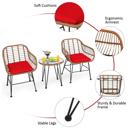 3 Pieces Patio Rattan Bistro Set with Cushion-Red - Red - Patio Furniture Sets
