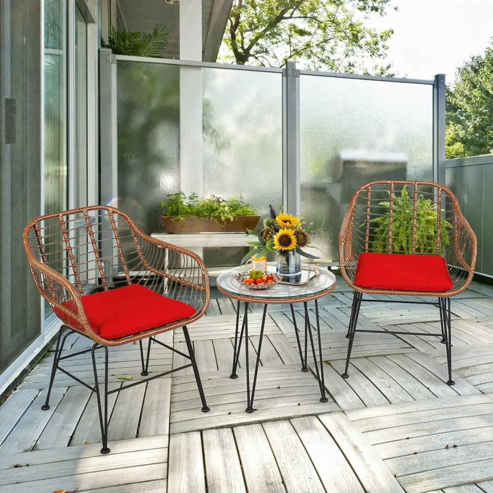 3 Pieces Patio Rattan Bistro Set with Cushion-Red - Red - Patio Furniture Sets