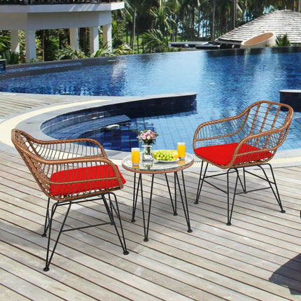 3 Pieces Patio Rattan Bistro Set with Cushion-Red - Red - Patio Furniture Sets
