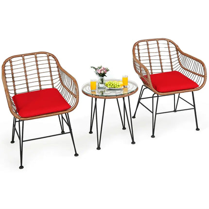 3 Pieces Patio Rattan Bistro Set with Cushion-Red - Red - Patio Furniture Sets