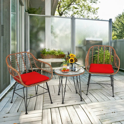 3 Pieces Patio Rattan Bistro Set with Cushion-Red - Red - Patio Furniture Sets