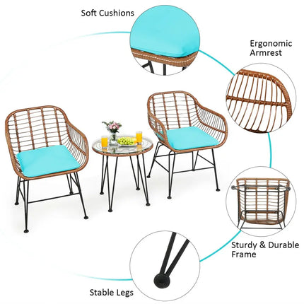3 Pieces Patio Rattan Bistro Set with Cushion-Turquoise - Turquoise - Patio Furniture Sets
