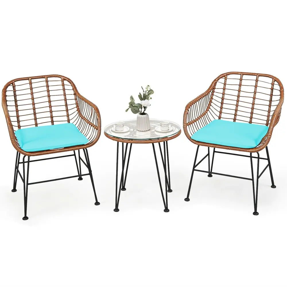 3 Pieces Patio Rattan Bistro Set with Cushion-Turquoise - Turquoise - Patio Furniture Sets