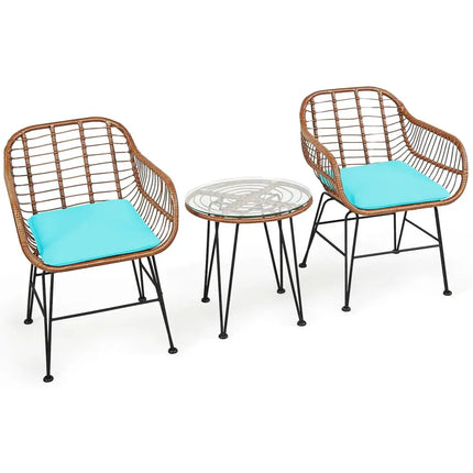 3 Pieces Patio Rattan Bistro Set with Cushion-Turquoise - Turquoise - Patio Furniture Sets