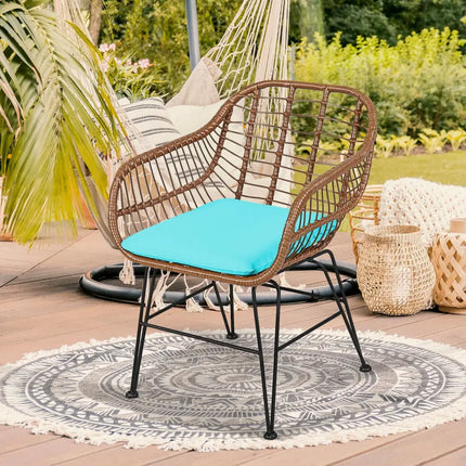 3 Pieces Patio Rattan Bistro Set with Cushion-Turquoise - Turquoise - Patio Furniture Sets