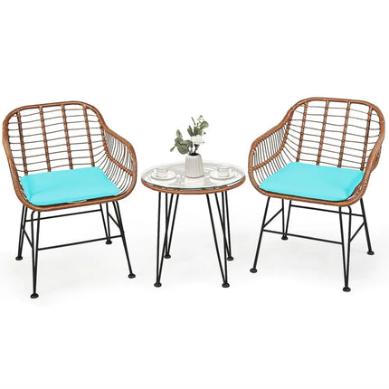 3 Pieces Patio Rattan Bistro Set with Cushion-Turquoise - Turquoise - Patio Furniture Sets