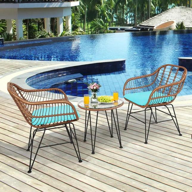 3 Pieces Patio Rattan Bistro Set with Cushion-Turquoise - Turquoise - Patio Furniture Sets