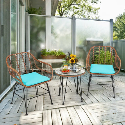 3 Pieces Patio Rattan Bistro Set with Cushion-Turquoise - Turquoise - Patio Furniture Sets