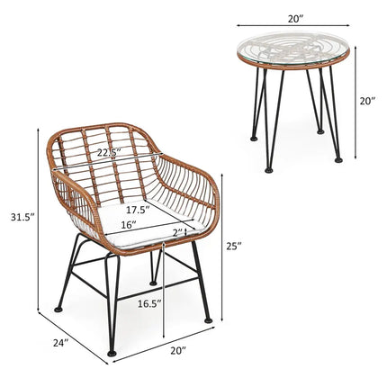 3 Pieces Patio Rattan Bistro Set with Cushion-Turquoise - Turquoise - Patio Furniture Sets