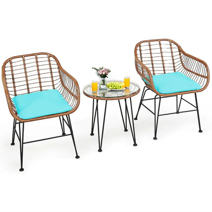 3 Pieces Patio Rattan Bistro Set with Cushion-Turquoise - Turquoise - Patio Furniture Sets