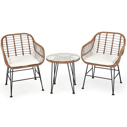 3 Pieces Patio Rattan Bistro Set with Cushion-White - White - Patio Furniture Sets
