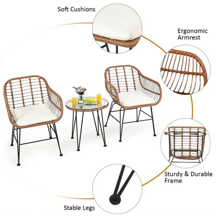 3 Pieces Patio Rattan Bistro Set with Cushion-White - White - Patio Furniture Sets