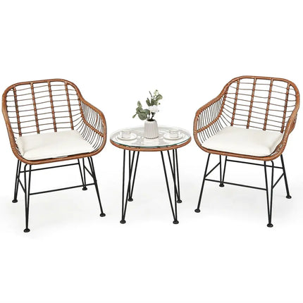 3 Pieces Patio Rattan Bistro Set with Cushion-White - White - Patio Furniture Sets