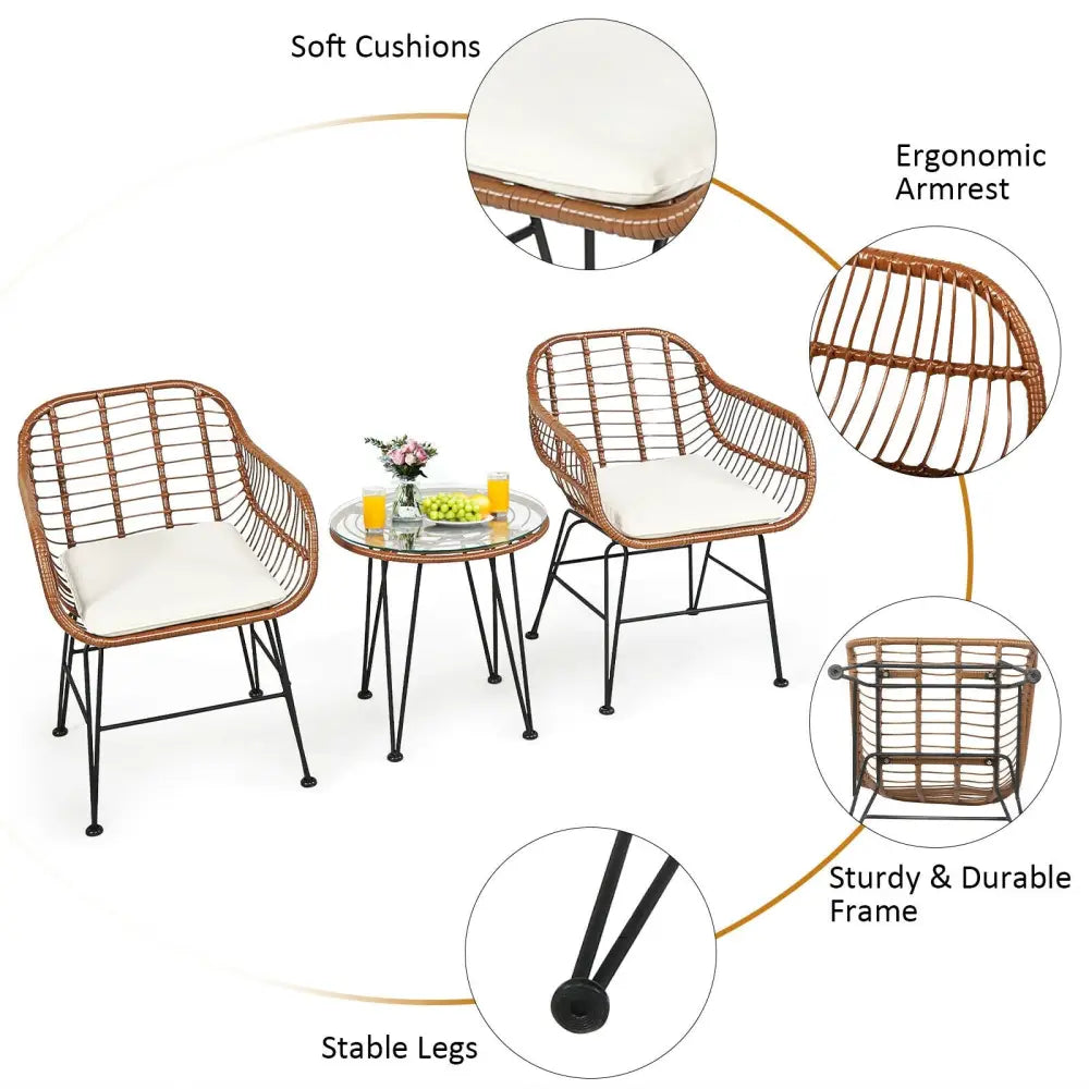 3 Pieces Patio Rattan Bistro Set with Cushion-White - White - Patio Furniture Sets