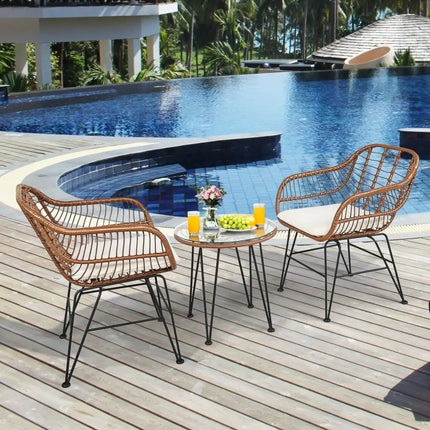 3 Pieces Patio Rattan Bistro Set with Cushion-White - White - Patio Furniture Sets